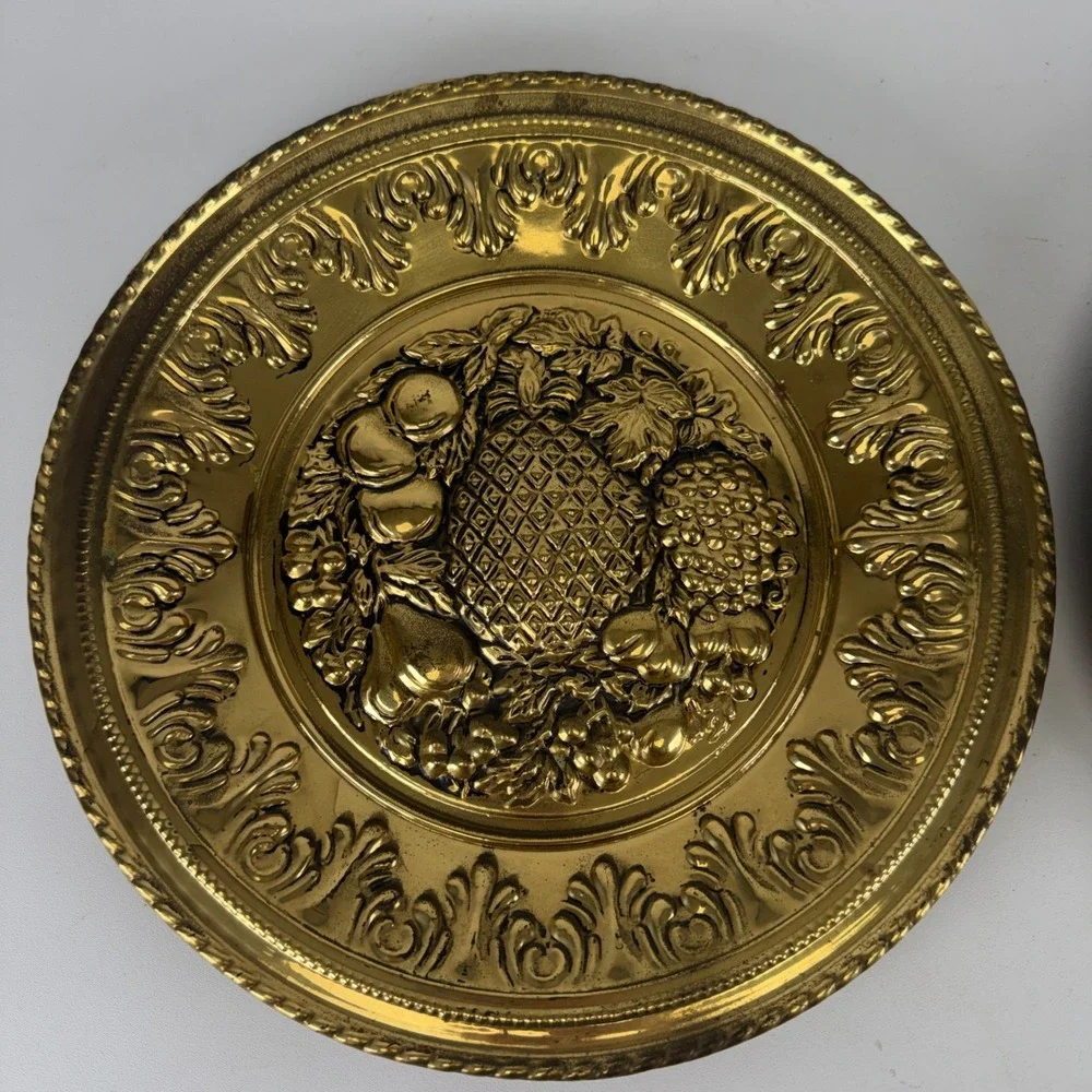 Vintage Brass Fruit Wall Hanging Plates Set of 2 Pineapple Grapes Pears 12 Inch